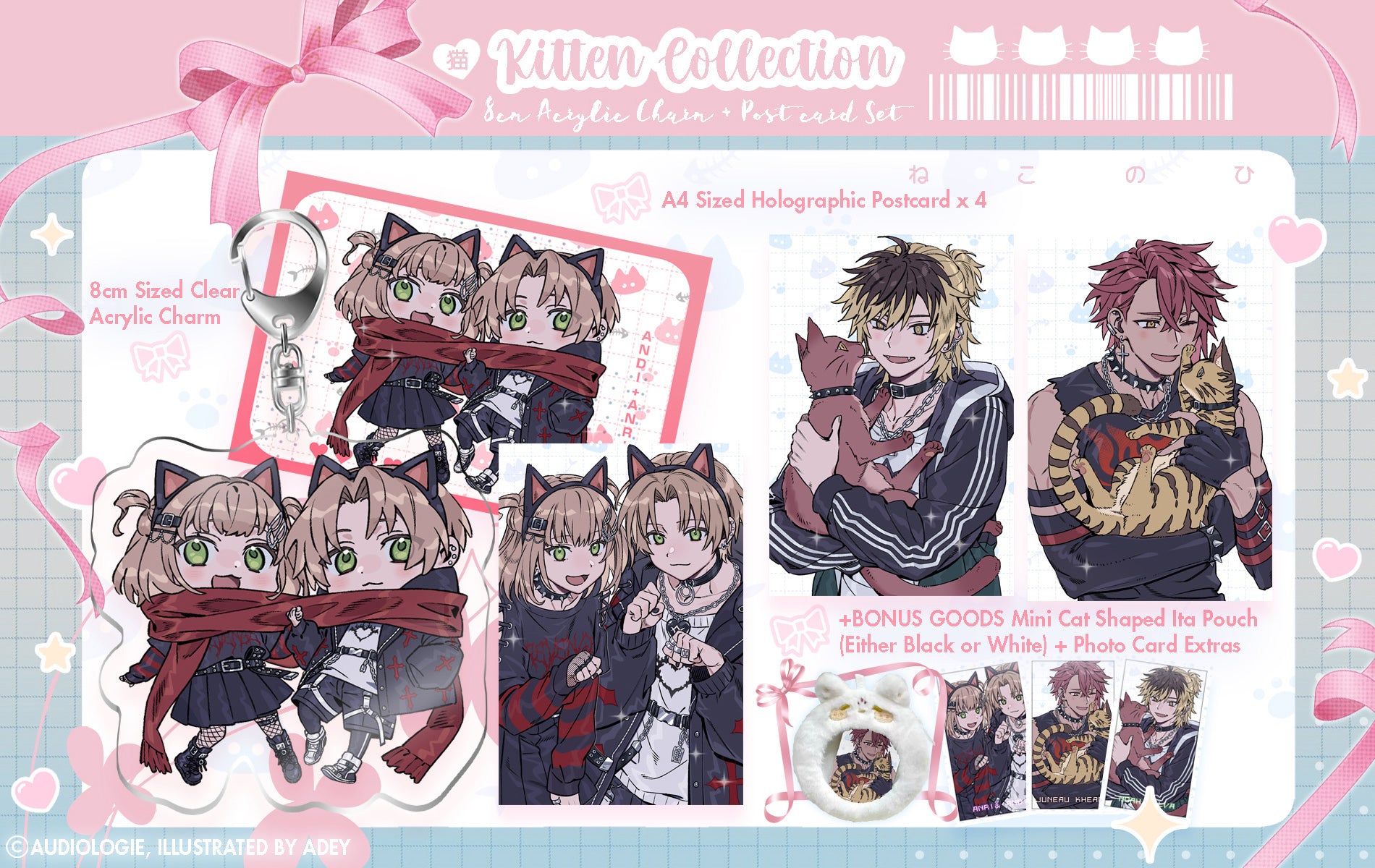 KITTEN COLLECTION (Cat Day Edition) Clear Acrylic Charm & Post Card Set +BONUS GIFT