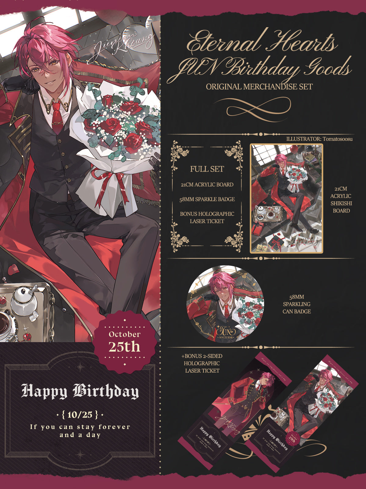 Eternal Hearts - (JUN Birthday Goods) Acrylic Board, Can Badge and Ticket Set