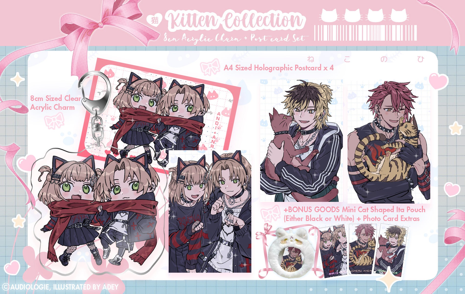 KITTEN COLLECTION (Cat Day Edition) Clear Acrylic Charm & Post Card Set  +BONUS GIFT