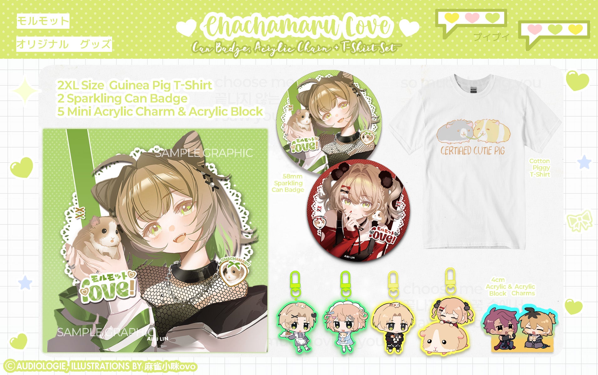 CHACHAMARU LOVE (Guinea Pig Merchandise): Sparkling Badge, Mini Acrylic Charm & T-Shirt Set