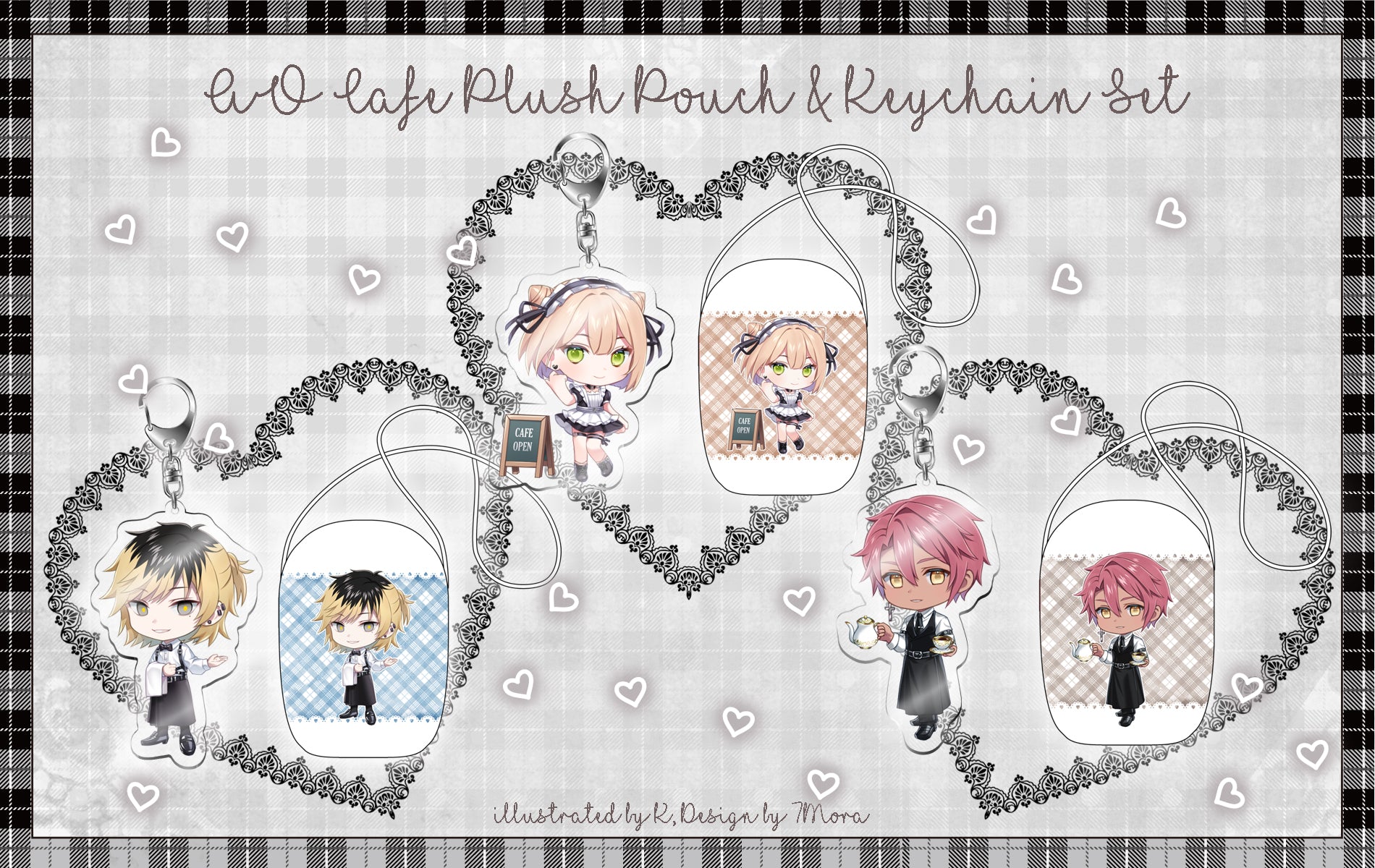 Synthesizer V ANRI, JUN, NOA Cafe Plush Pouch & Acrylic Keychains