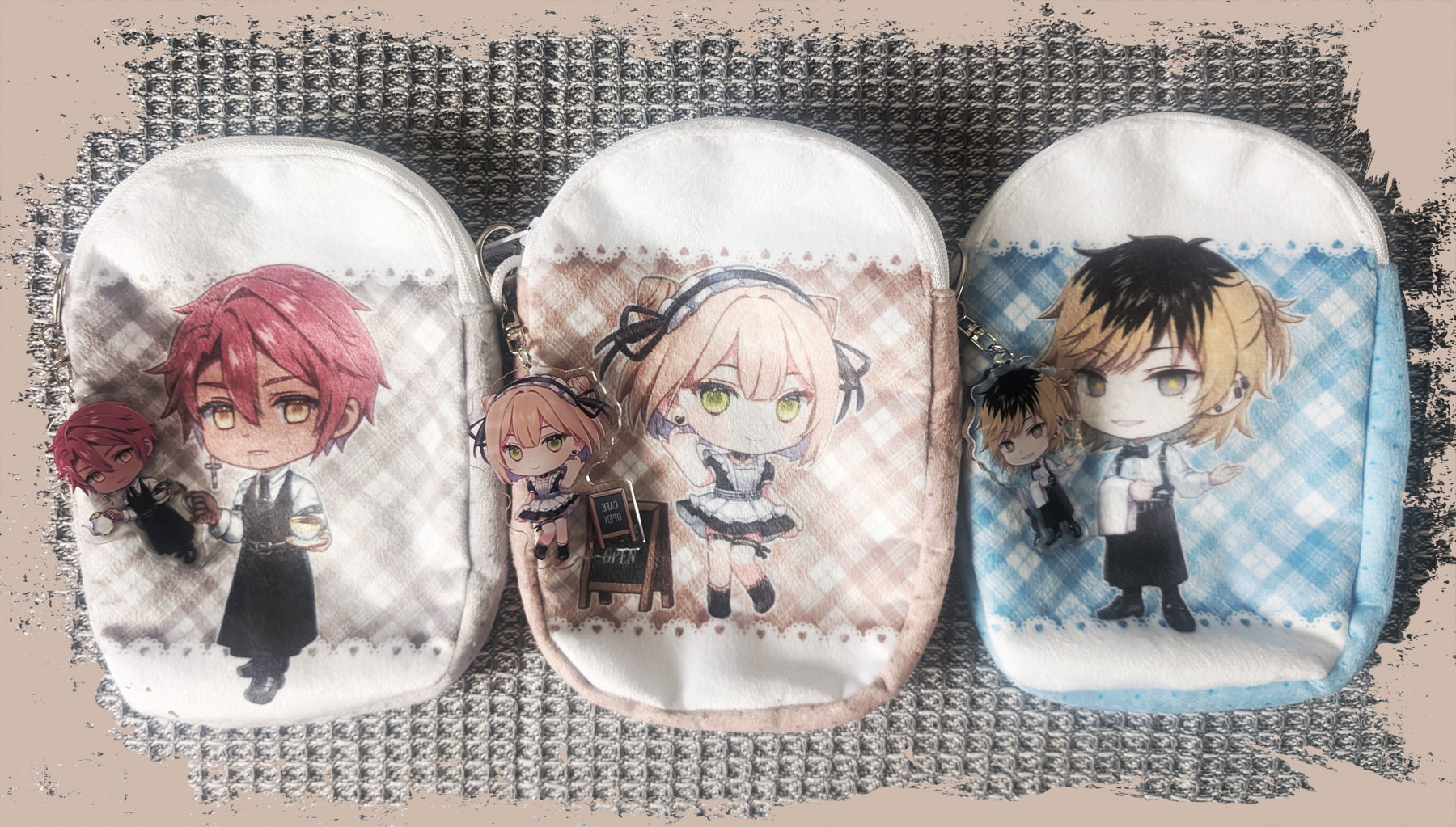 Synthesizer V ANRI, JUN, NOA Cafe Plush Pouch & Acrylic Keychains